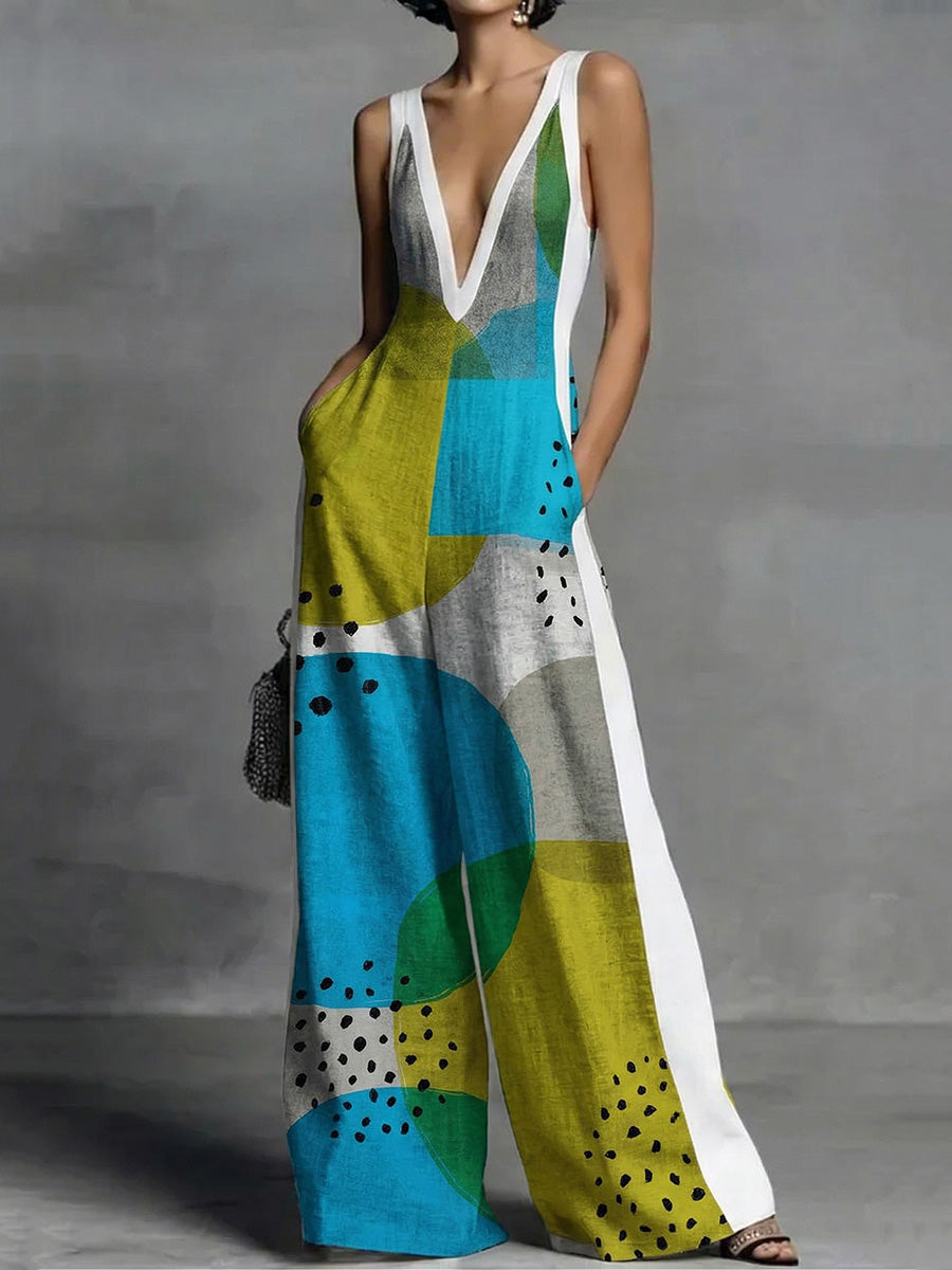 Printed V-Neck Pocket Sleeveless Jumpsuit