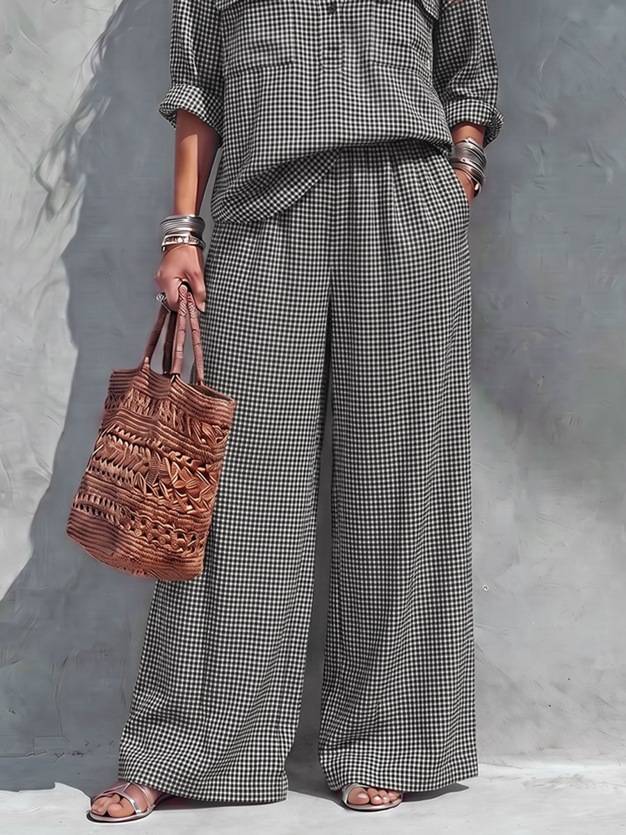 Checked Wide-Leg Pocket Elastic Pants