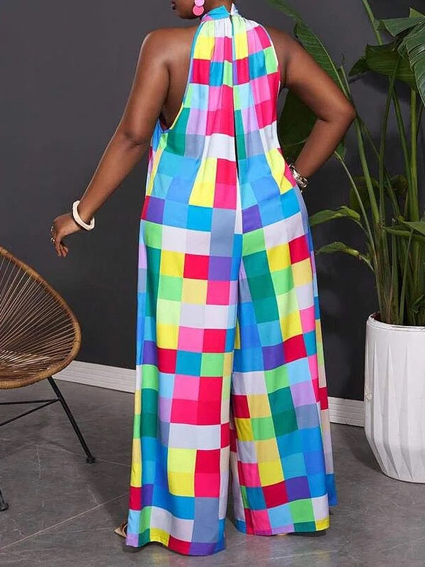 Checked Halter-Neck Pleated Sleeveless Jumpsuit