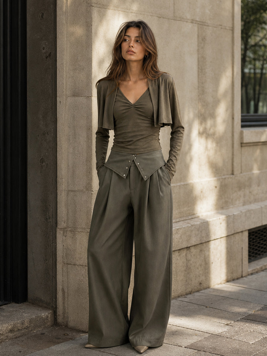 Wide-Leg High-Waist Pleated Asymmetric Pants