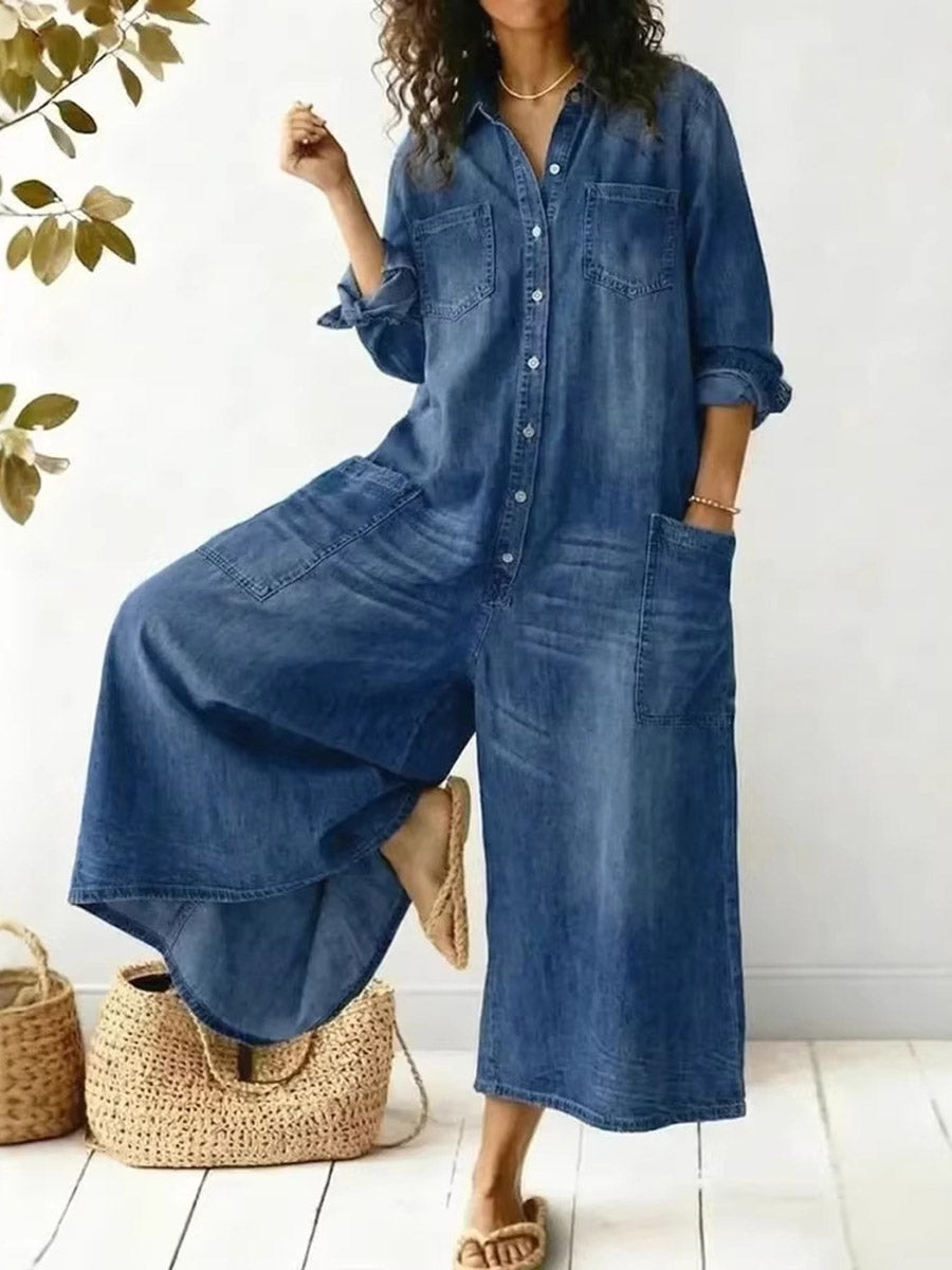 Wide-Leg Plus Size Button-Detail Pocket Jumpsuit