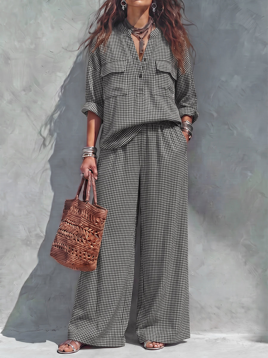 Checked Wide-Leg Pocket Elastic Pants