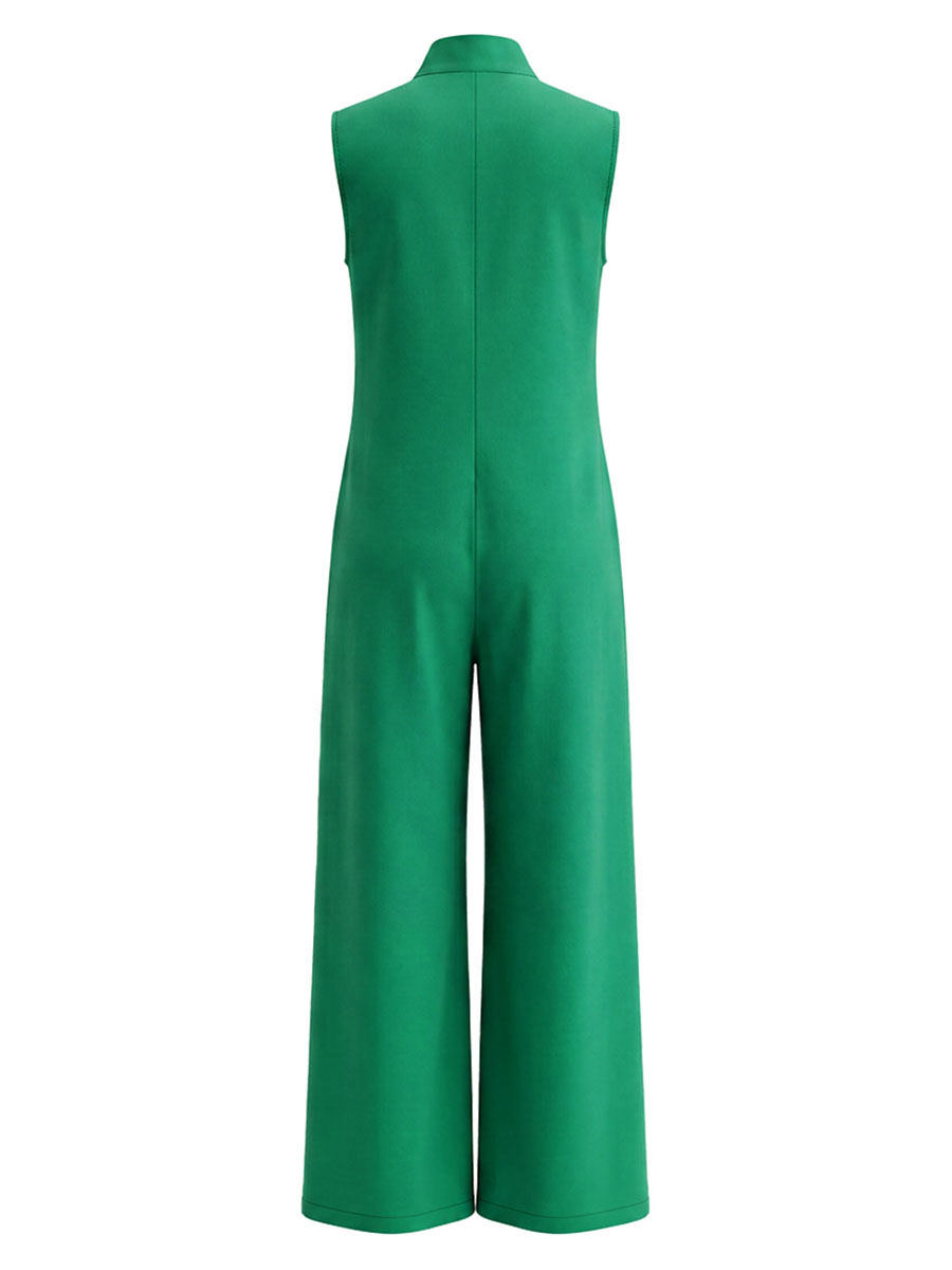 Wide-Leg Stand-Collar Button-Detail Sleeveless Jumpsuit