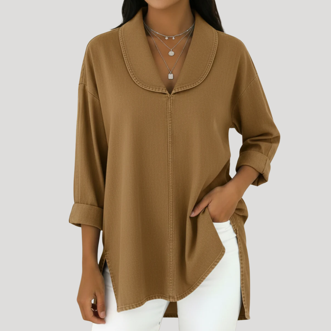 Camille | Faux Denim Shawl Collar Blouse