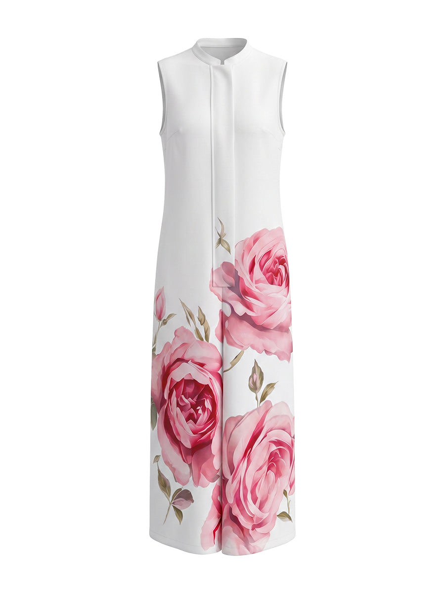 Floral High-Waist Round-Neck Pleated Jumpsuit