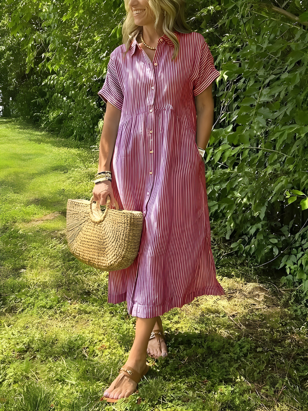 Marina | Striped Maxi Shirt Dress with Pockets