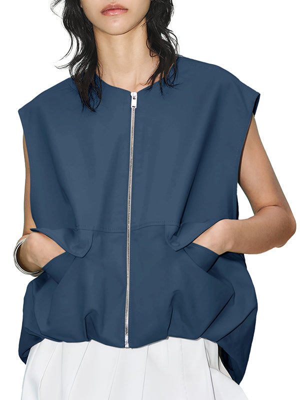 Round-Neck Zip Pocket Sleeveless Vest