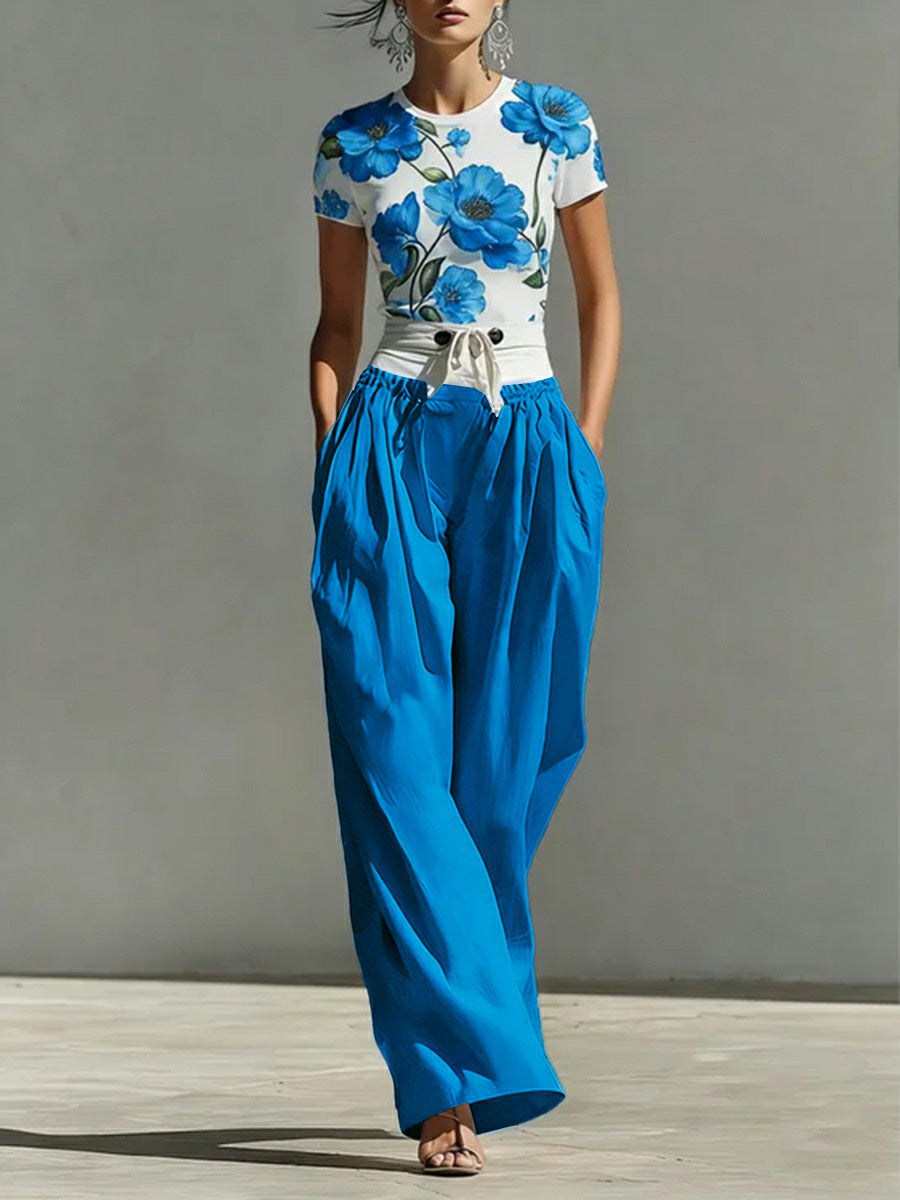 Wide-Leg High-Waist Pleated Button-Detail Pants