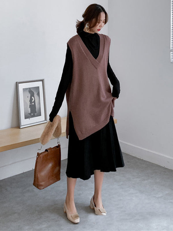 Knit V-Neck Side-Split Sleeveless Vest