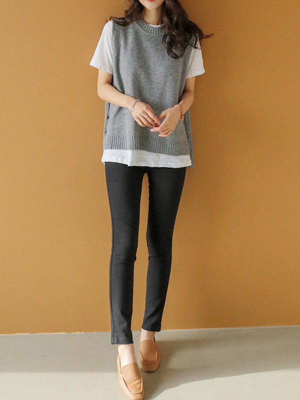 Round-Neck Button-Detail Sleeveless Relaxed Vest