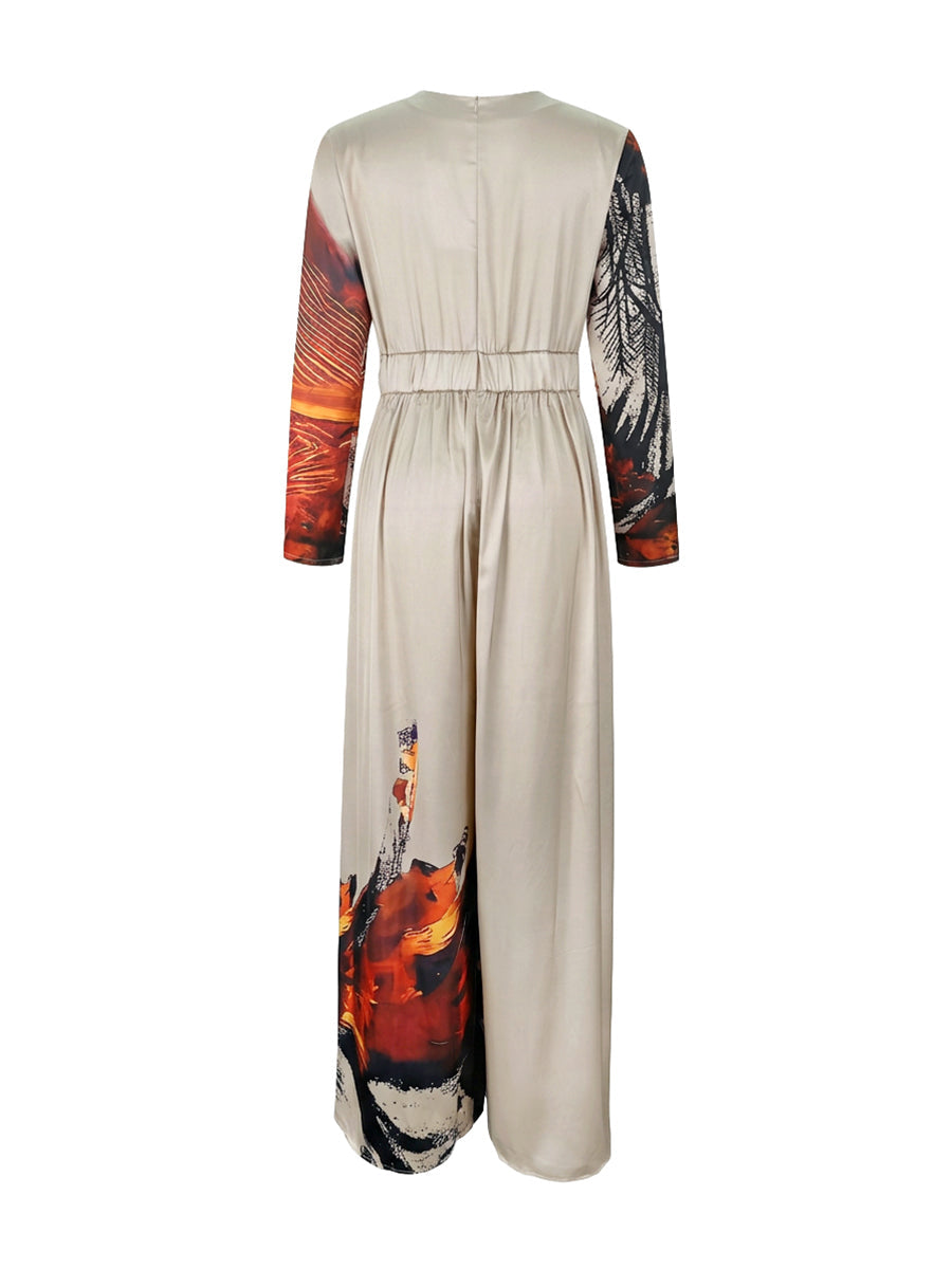 Floral V-Neck Pleated Long-Sleeve Jumpsuit