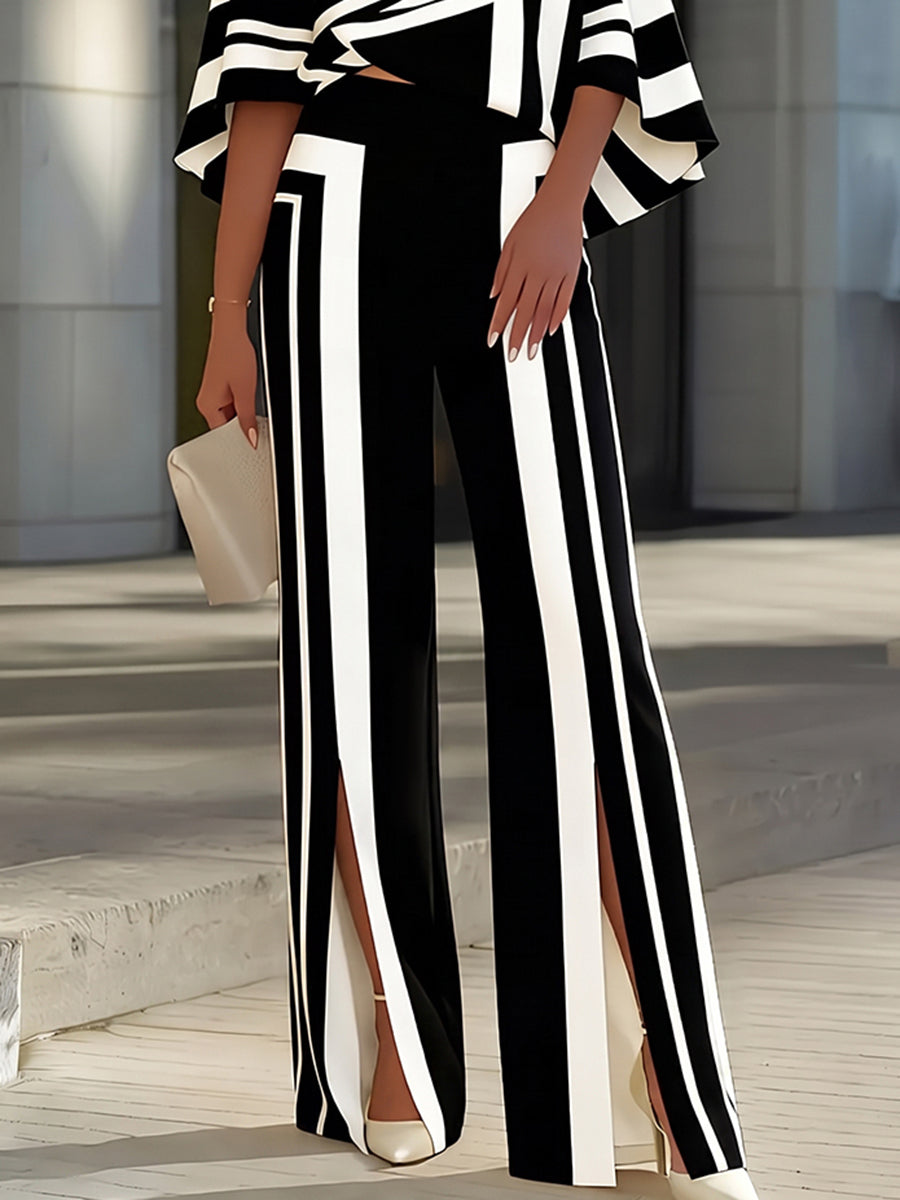 Striped Wide-Leg High-Waist Contrast Pants