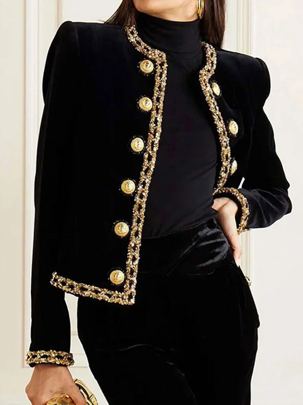 Round-Neck Button-Detail Long-Sleeve Jacket