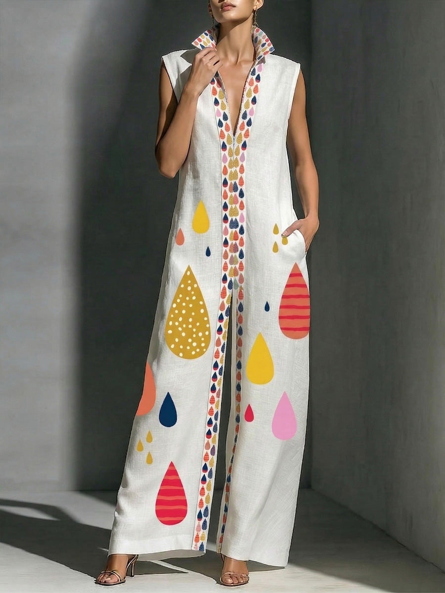 Printed Stand-Collar Pocket Relaxed Jumpsuit
