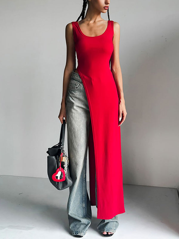 Square-Neck Asymmetric Side-Split Sleeveless Tank Top