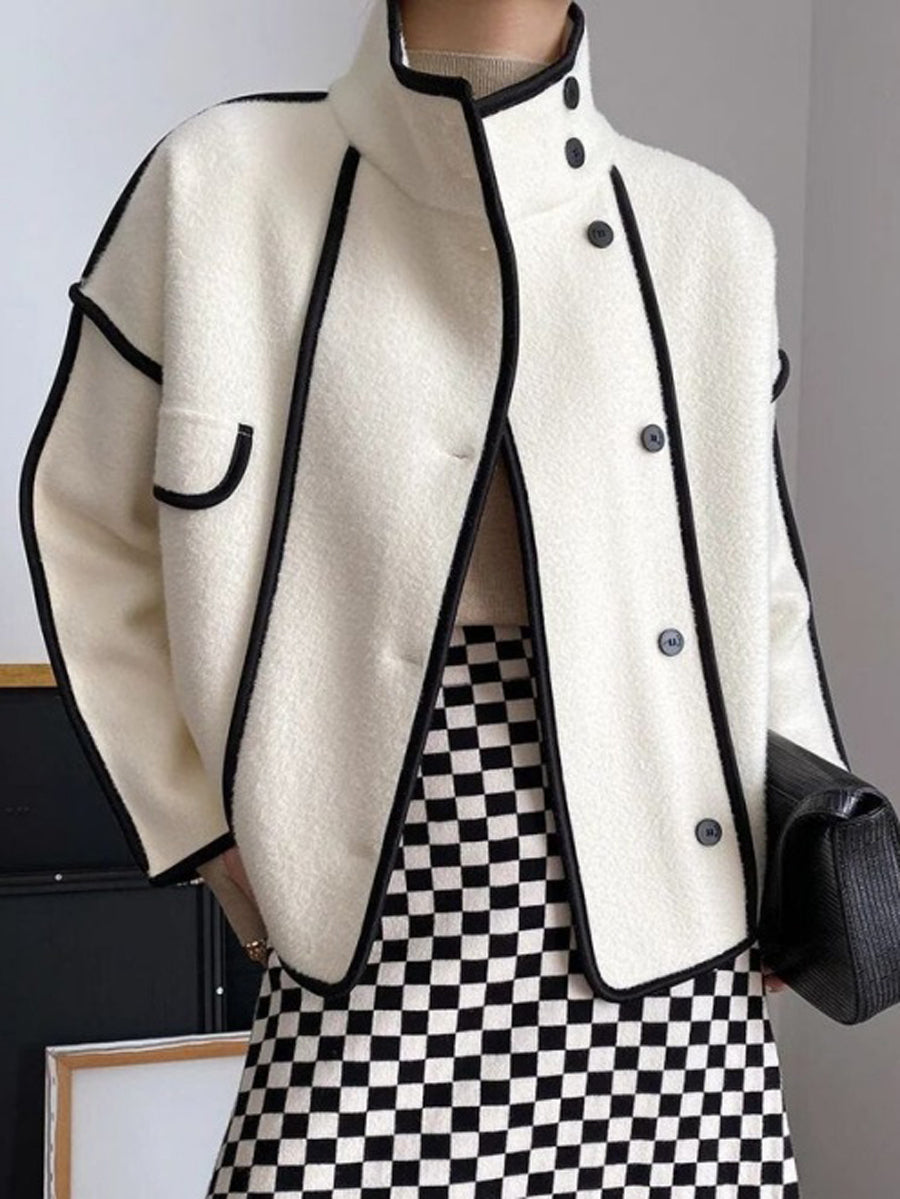 Stand-Collar Button-Detail Long-Sleeve Relaxed Jacket