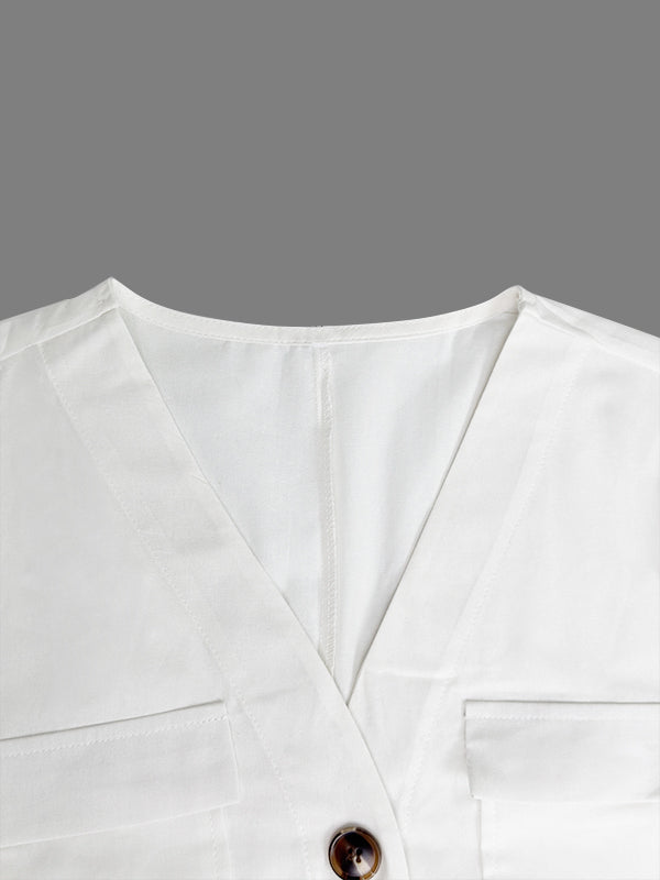 V-Neck Button-Detail Pocket Short-Sleeve Jumpsuit