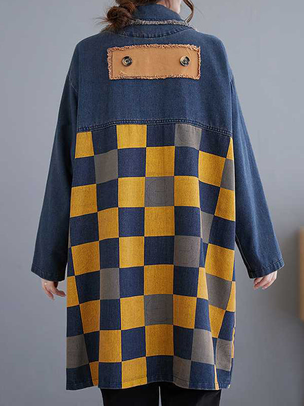 Checked Denim Notch-Collar Fringe Jacket