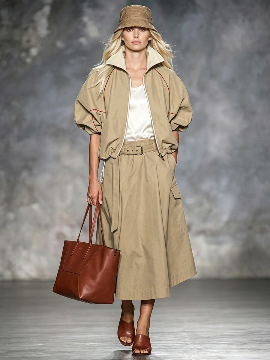 Drawstring Zip Relaxed Contrast Jacket