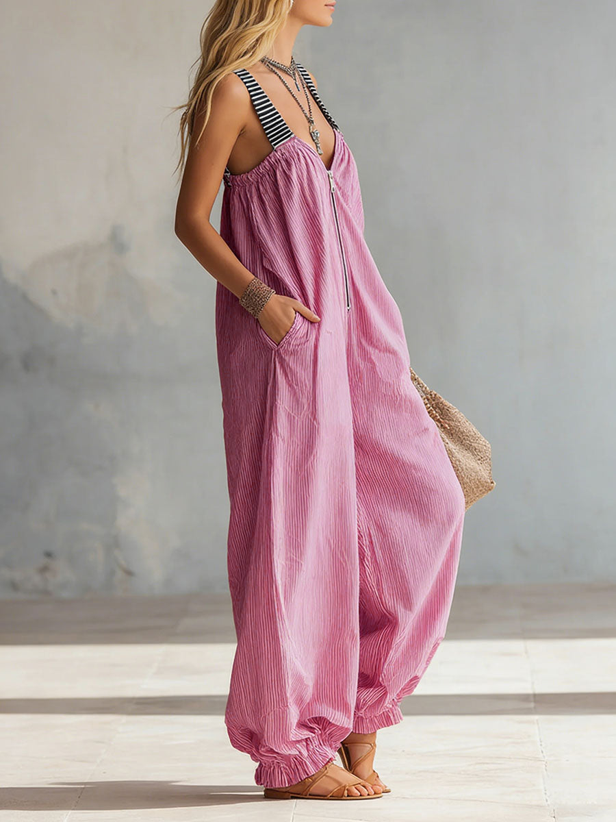 Striped V-Neck Pleated Zip Jumpsuit