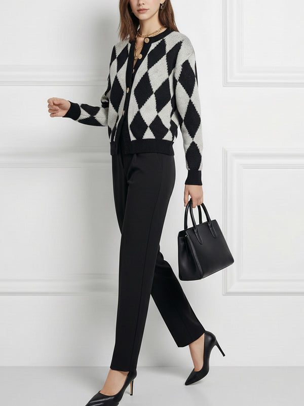 Checked Round-Neck Button-Detail Long-Sleeve Cardigan