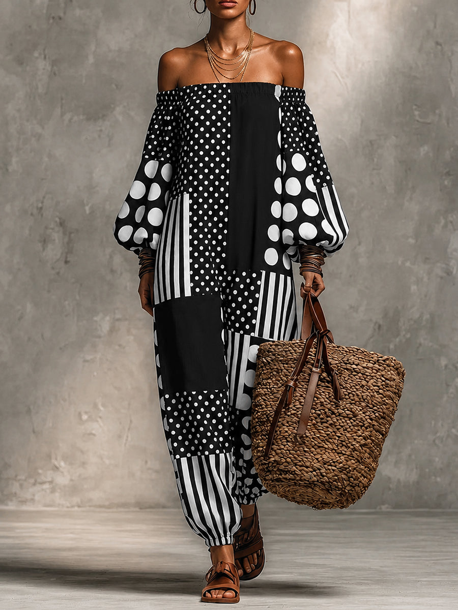 Polka Dot Striped Long-Sleeve Elastic Jumpsuit