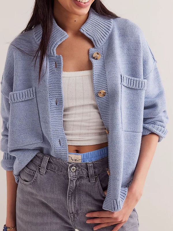 Stand-Collar Button-Detail Pocket Long-Sleeve Cardigan
