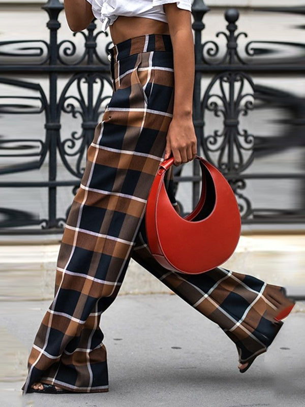 Checked Wide-Leg High-Waist Pants