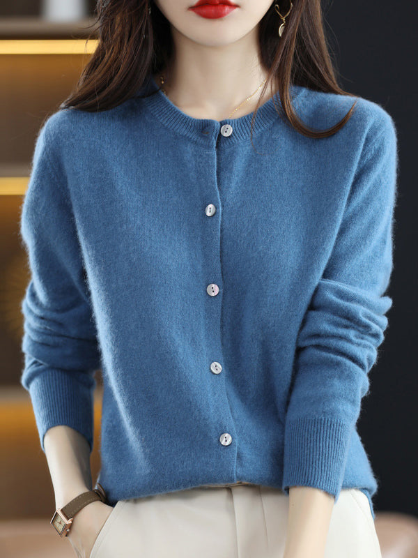 Knit Round-Neck Button-Detail Long-Sleeve Cardigan
