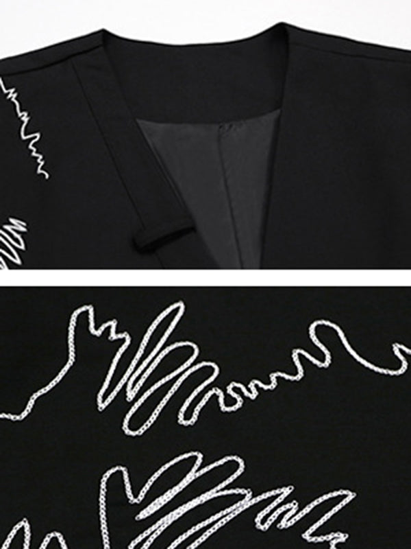 V-Neck Embroidered Asymmetric Button-Detail Vest
