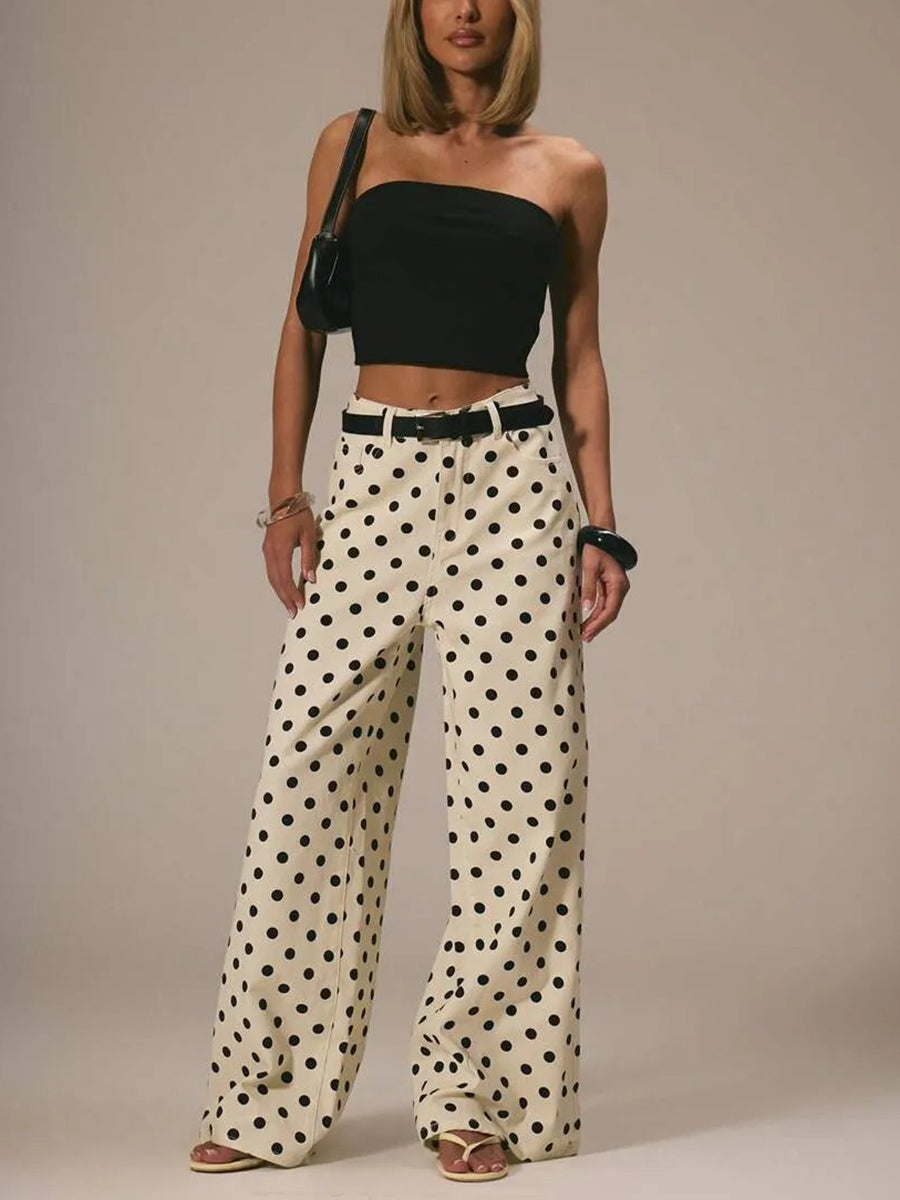 Polka Dot Wide-Leg High-Waist Button-Detail Belt