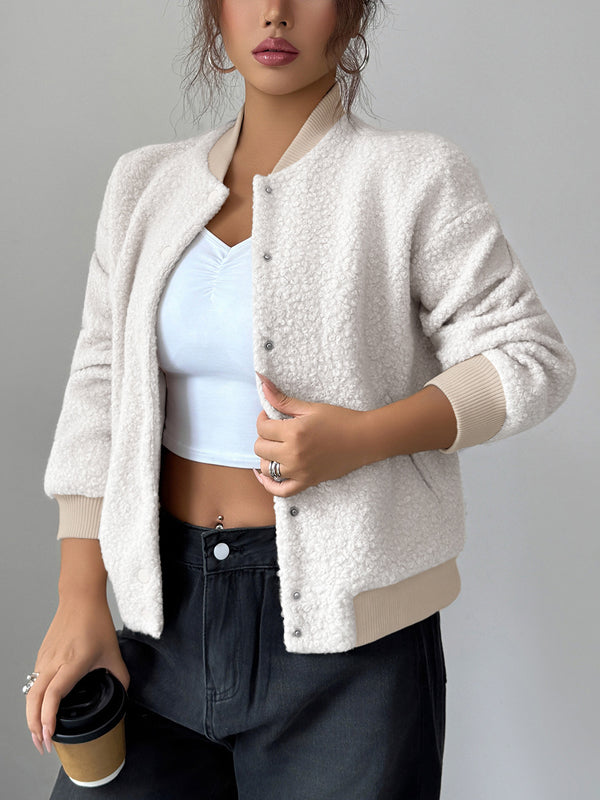 Button-Detail Pocket Long-Sleeve Elastic Jacket