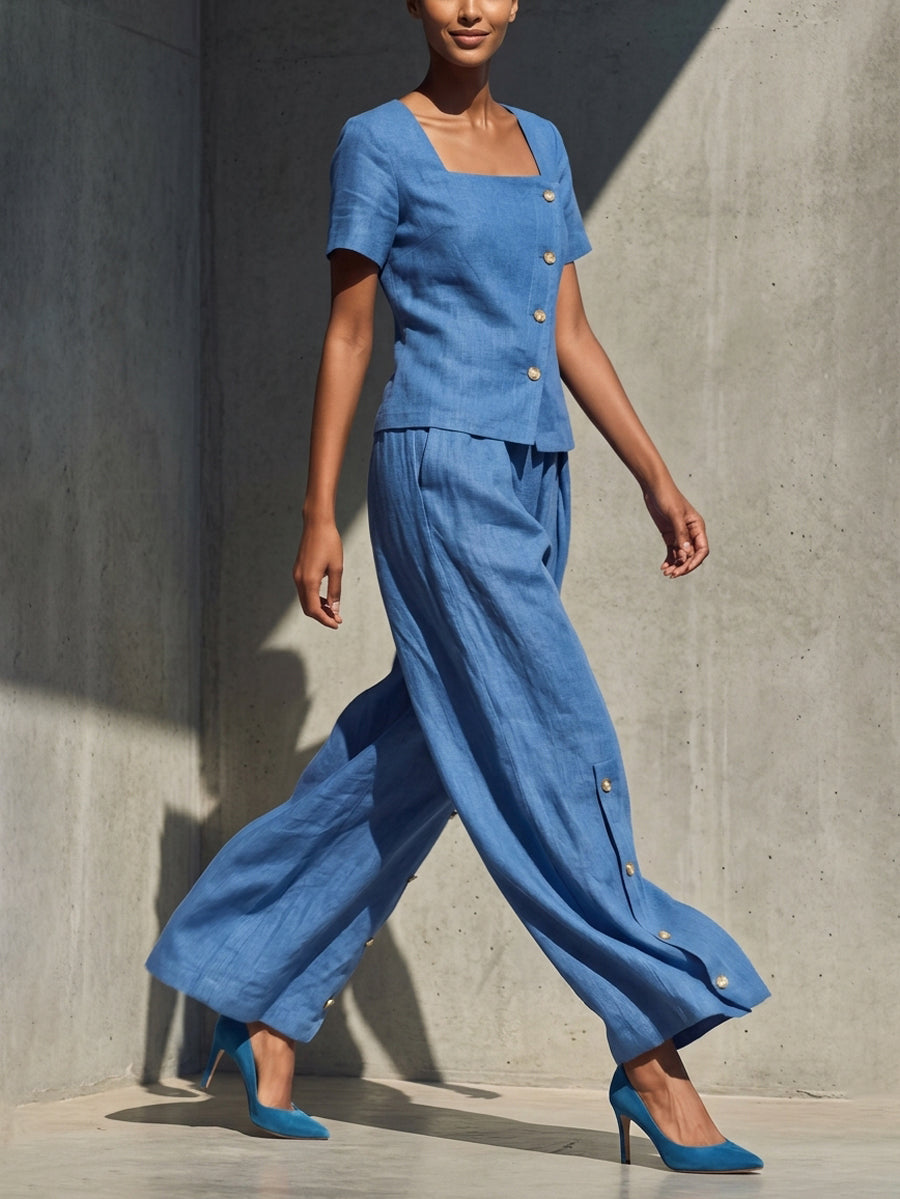 Wide-Leg Button-Detail Pocket Relaxed Pants