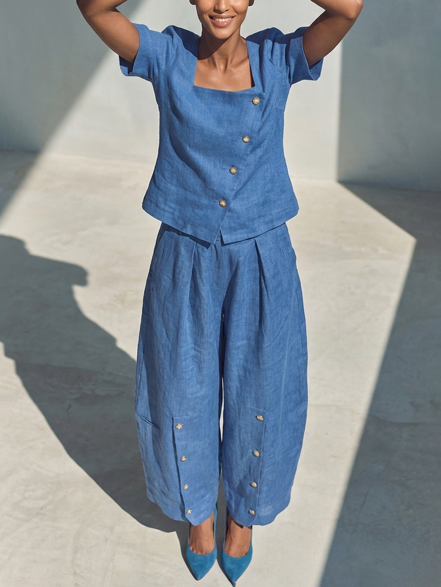 Wide-Leg Button-Detail Pocket Relaxed Pants