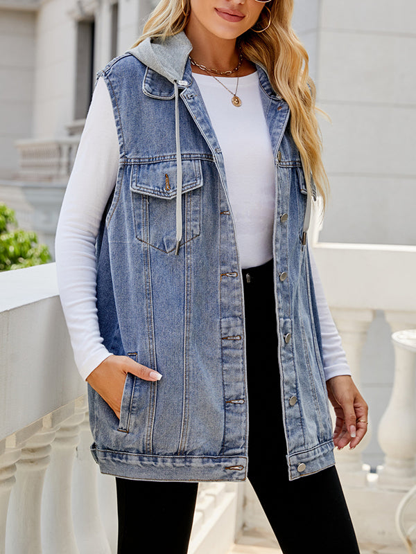 Hooded Drawstring Button-Detail Pocket Vest