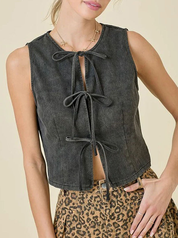 Lace Round-Neck Sleeveless Relaxed Vest