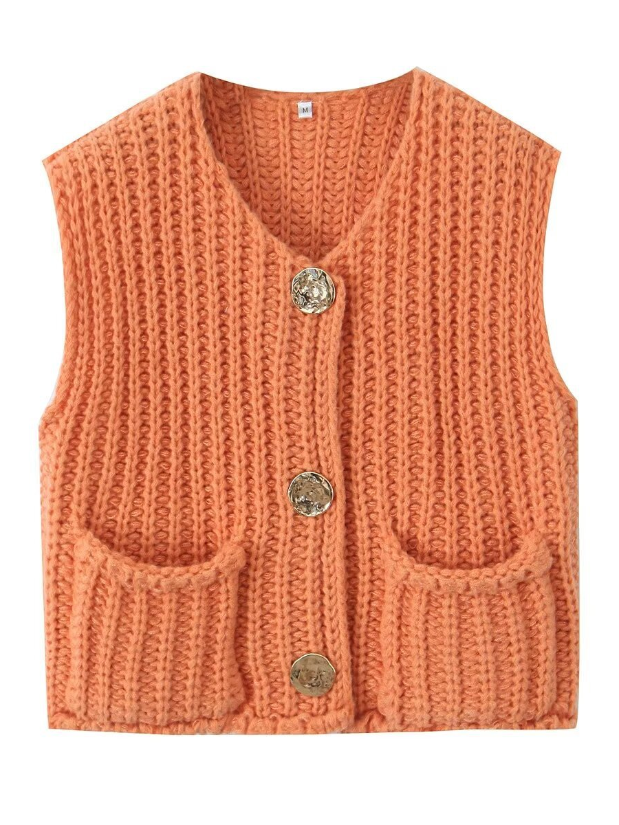 Knit Button-Detail Pocket Sleeveless Cardigan