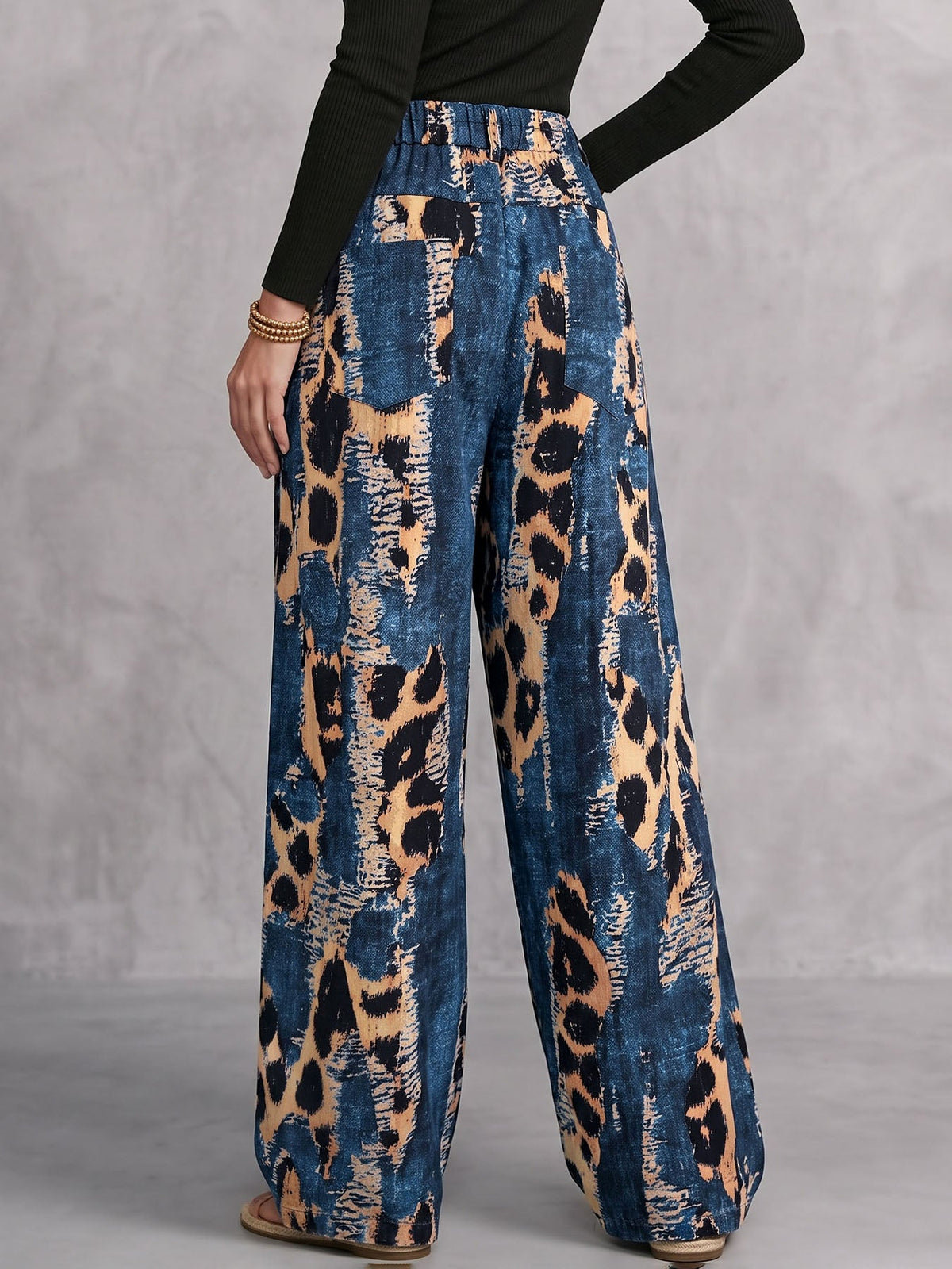 Leopard Print Wide-Leg High-Waist Button-Detail Pants