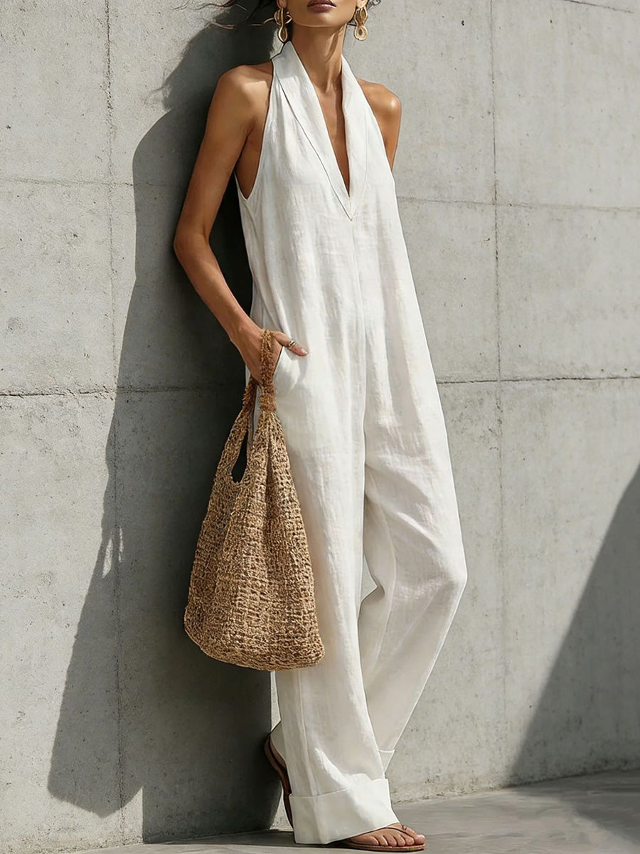 High-Waist V-Neck Pocket Sleeveless Jumpsuit