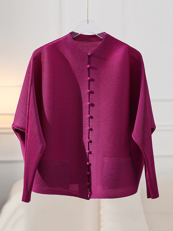 Round-Neck Pleated Button-Detail Pocket Jacket