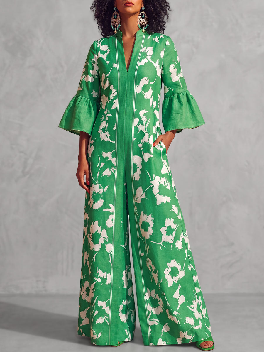 Floral Wide-Leg V-Neck Zip Jumpsuit