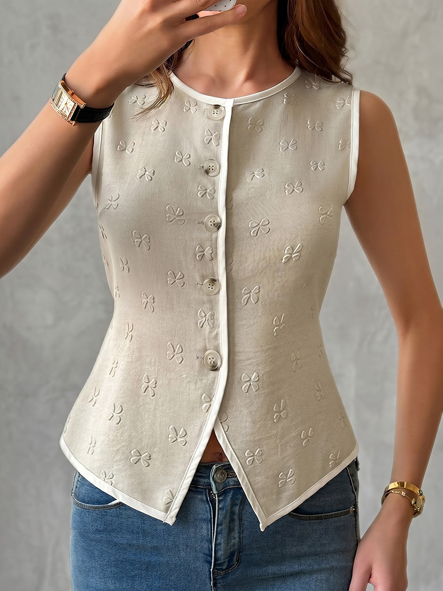 Round-Neck Button-Detail Sleeveless Vest