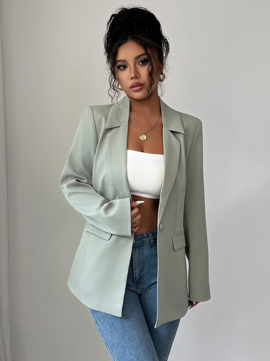 Notch-Collar Button-Detail Pocket Long-Sleeve Blazer