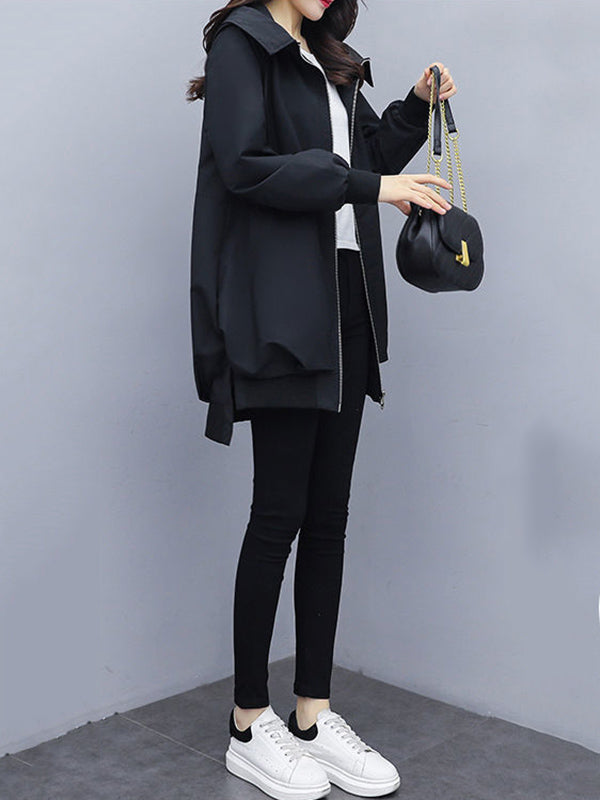 Hooded Pleated Zip Long-Sleeve Jacket
