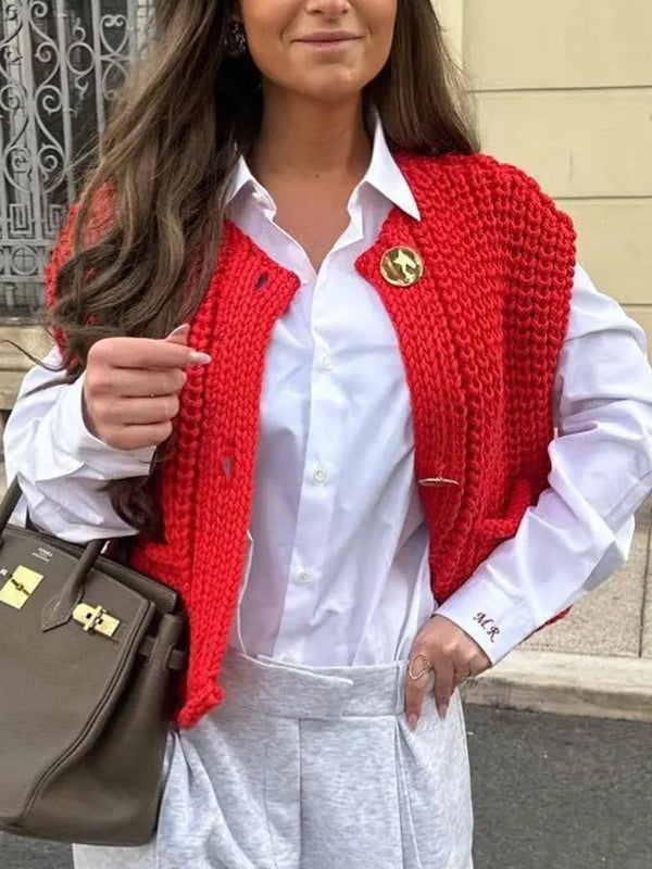 Knit Button-Detail Pocket Sleeveless Cardigan