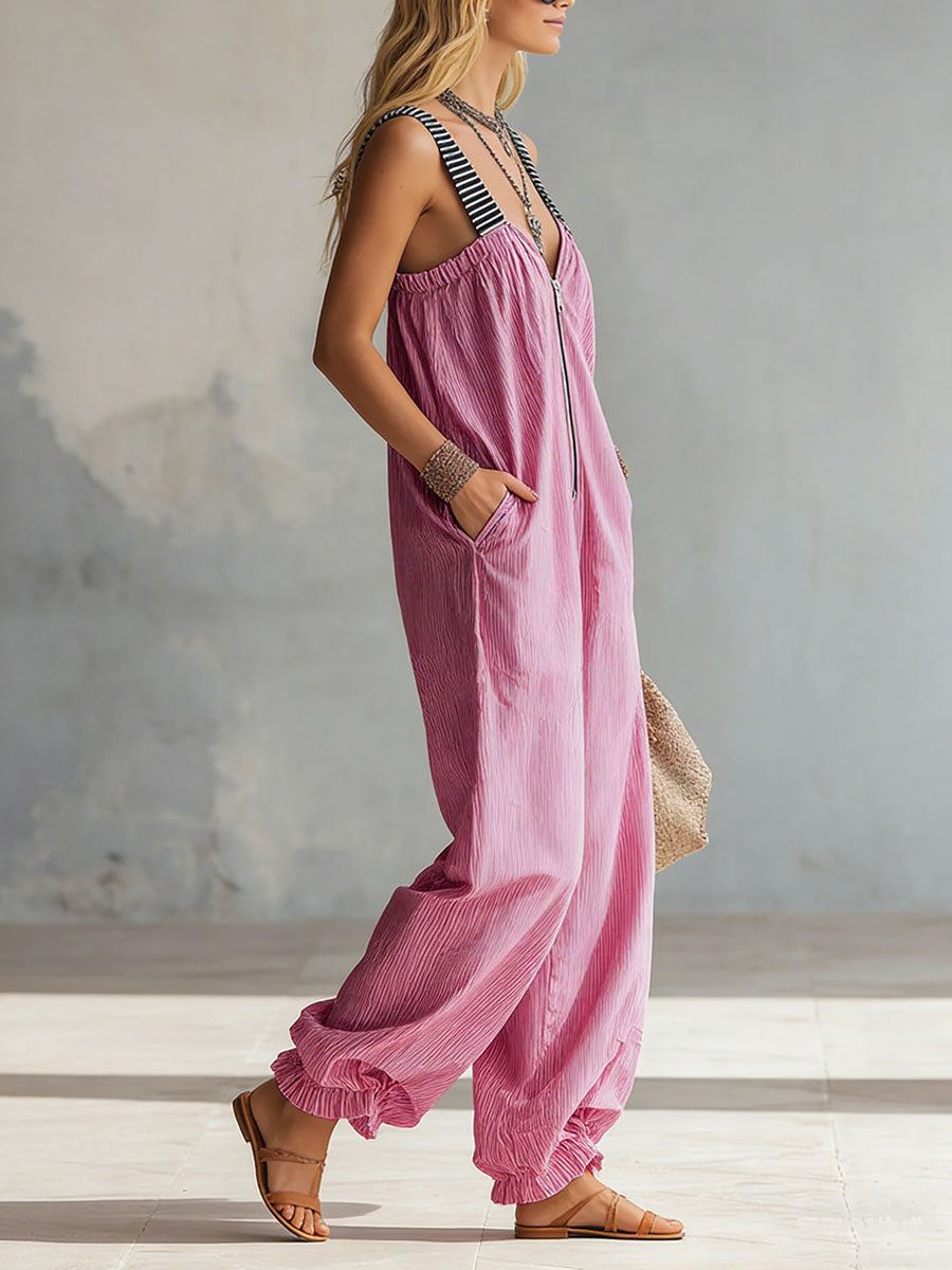 Striped V-Neck Pleated Zip Jumpsuit