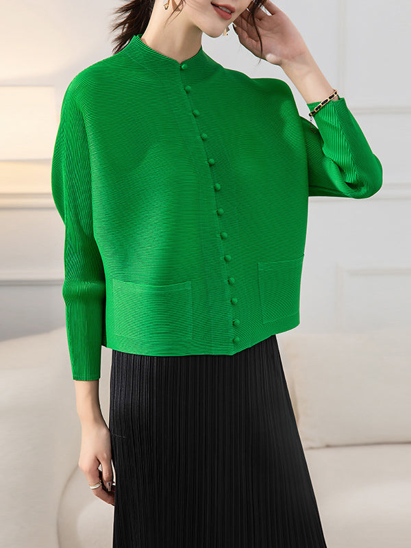 Round-Neck Pleated Button-Detail Pocket Jacket