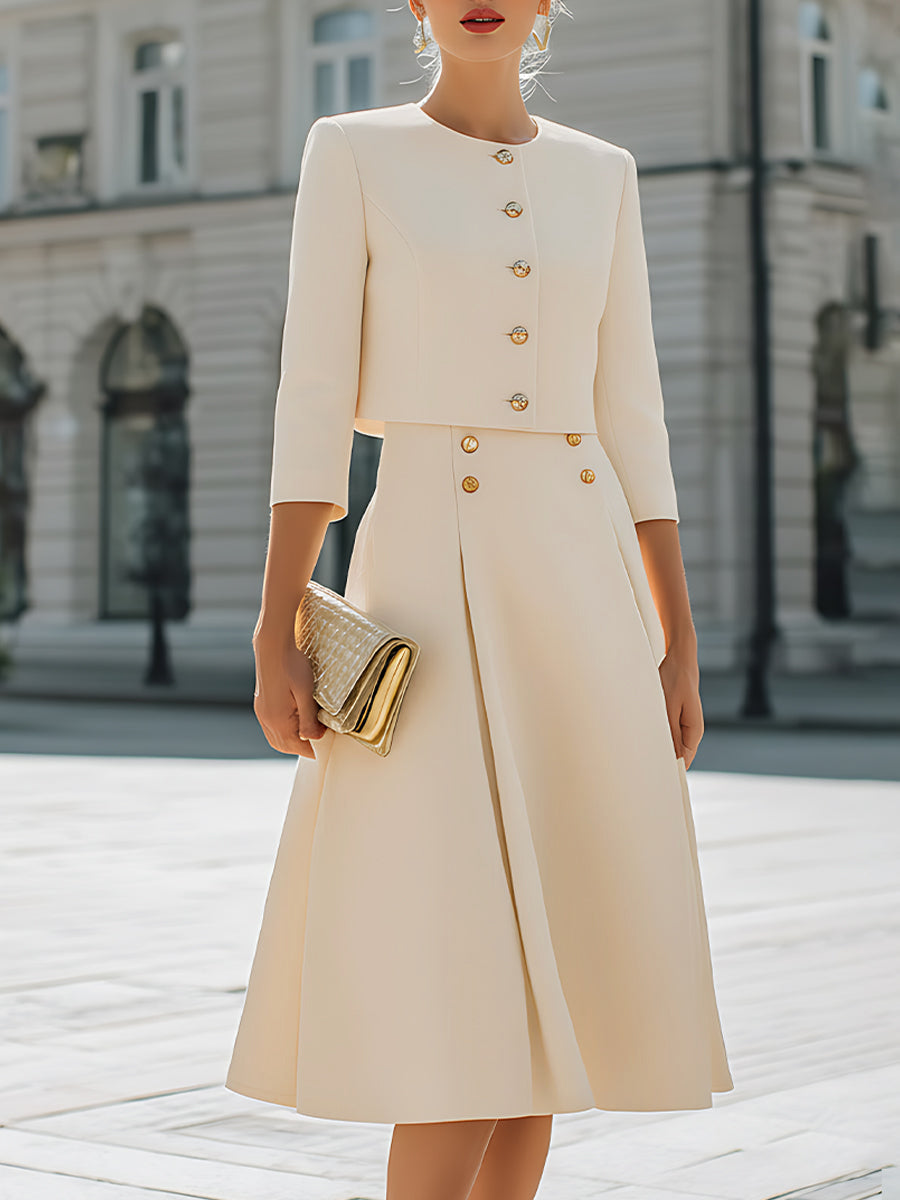 Round-Neck Button-Detail Three-Quarter Sleeve Jacket