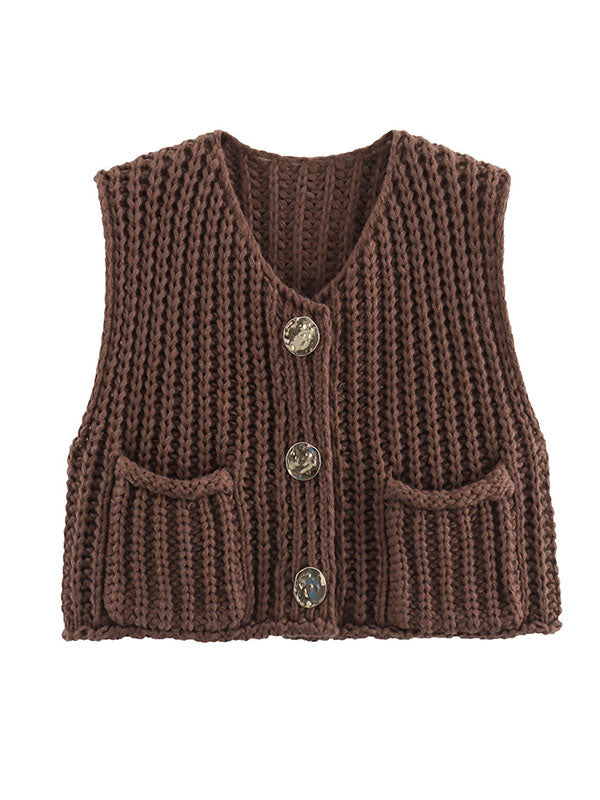 V-Neck Button-Detail Pocket Sleeveless Vest