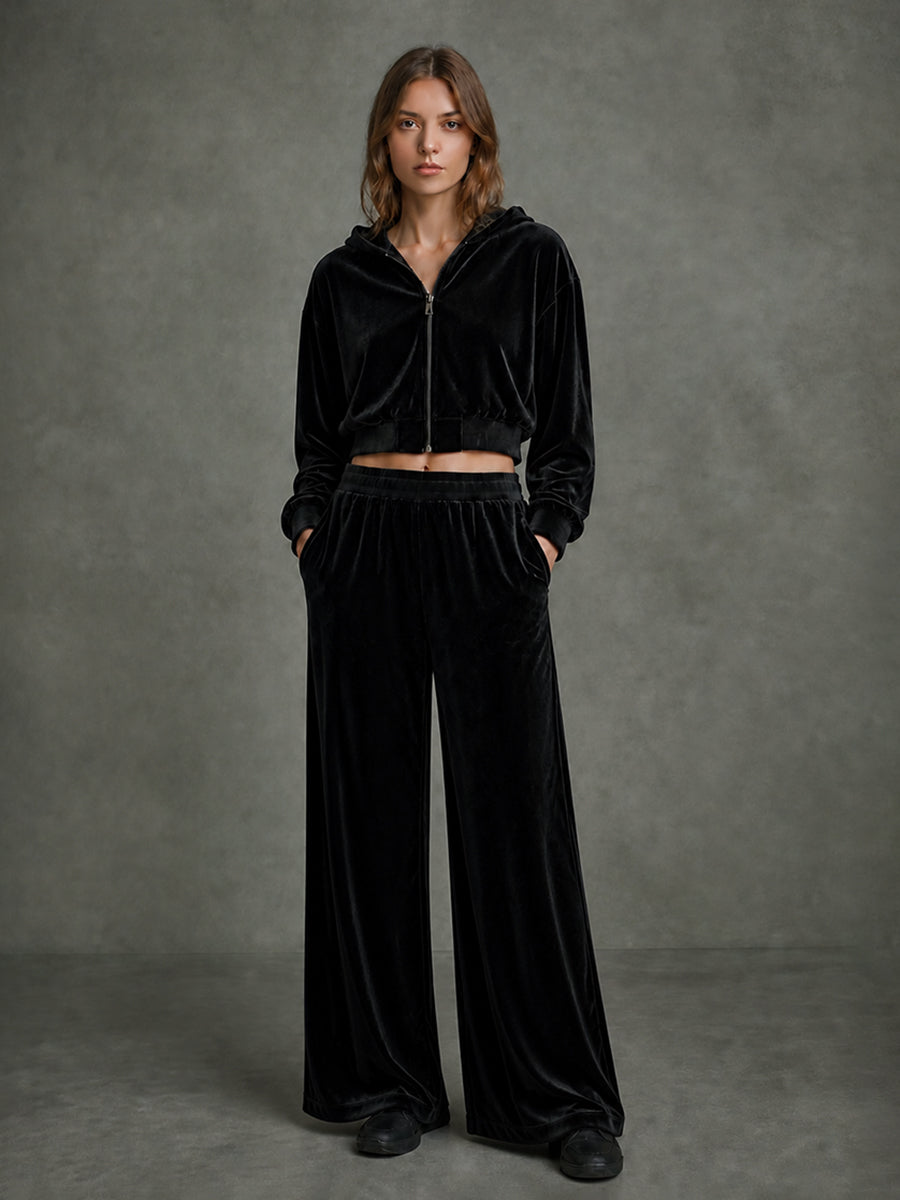Velvet Cropped Hooded Zip Jacket